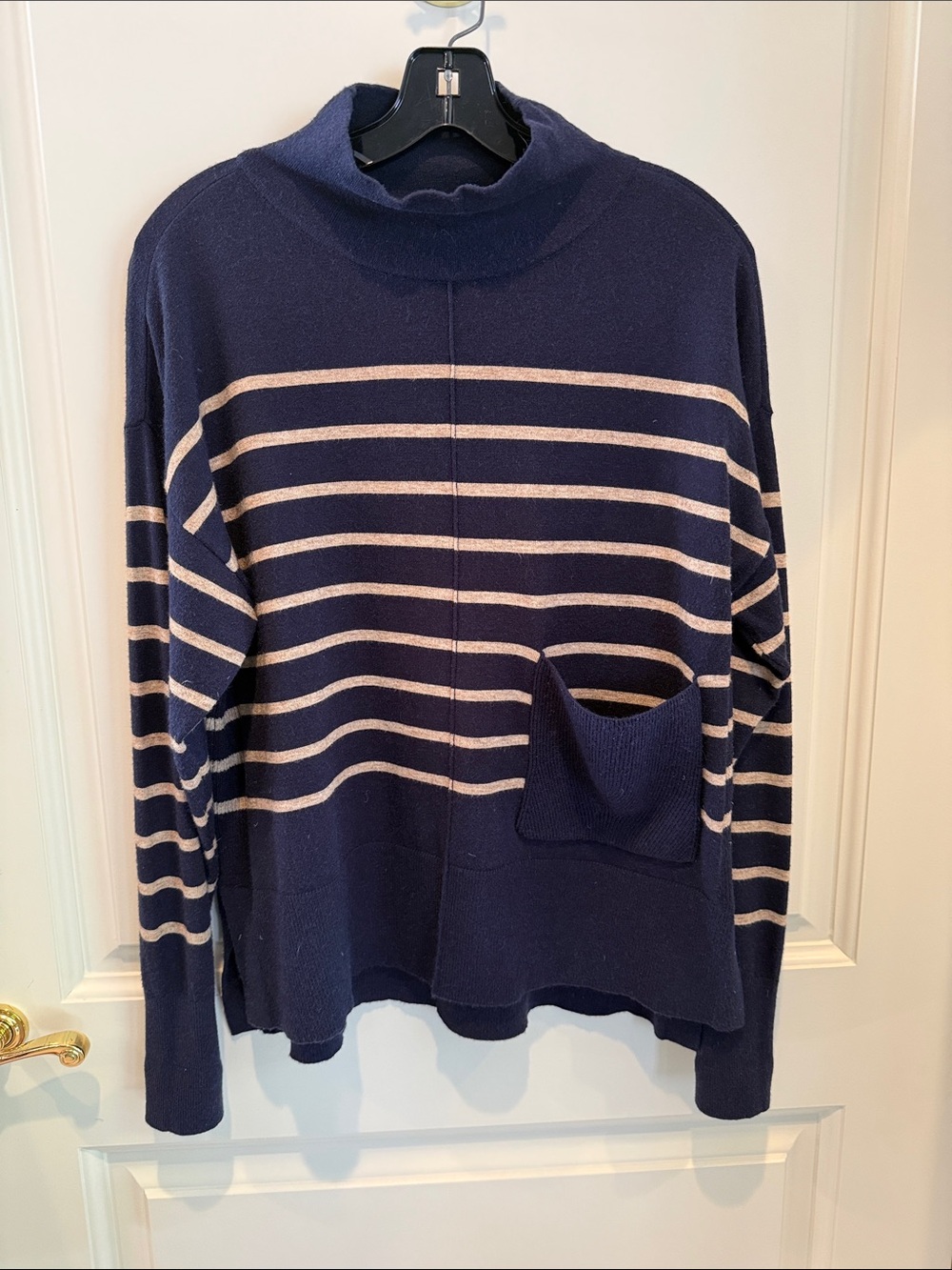 Striped Navy and tan Women's Sweater with Pocket